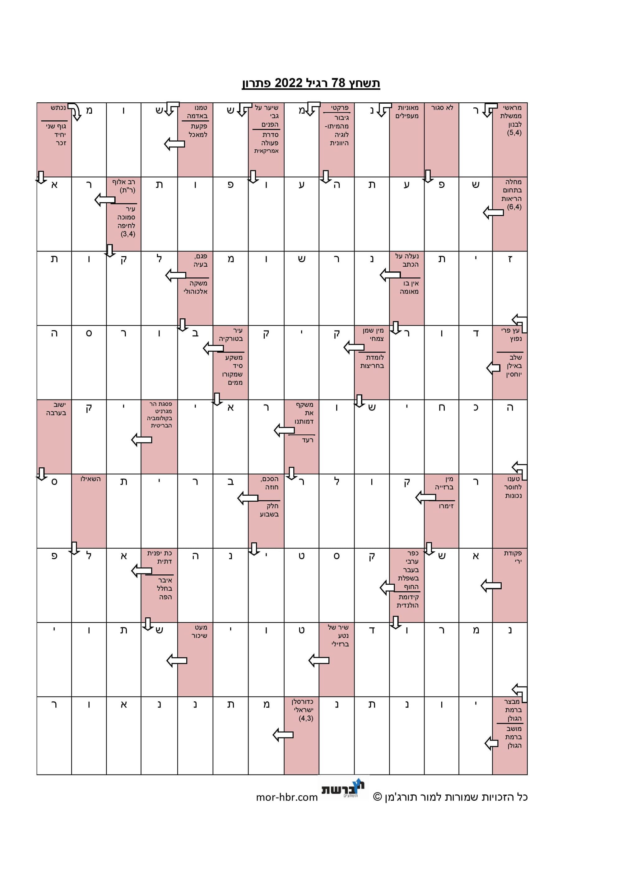 תשחץ 78 רגיל 2022 פתרון
