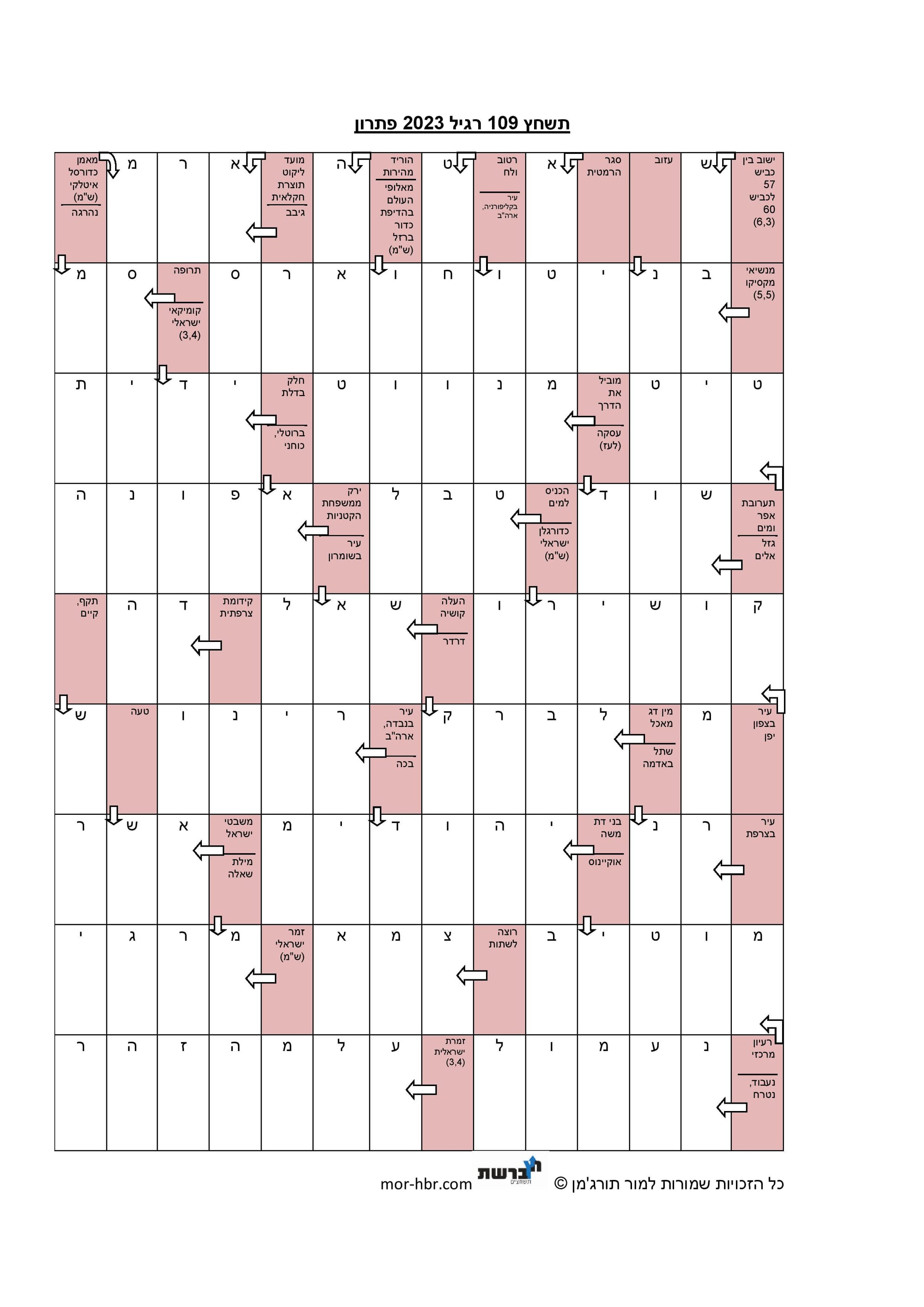 תשחץ 109 רגיל 2023 פתרון