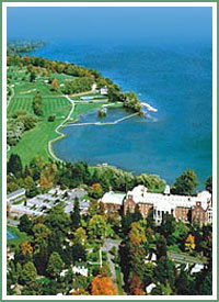 Otsego Lake, Leatherstocking Golf Course, The Otesaga Hotel and Cherry Cottage in the foreground