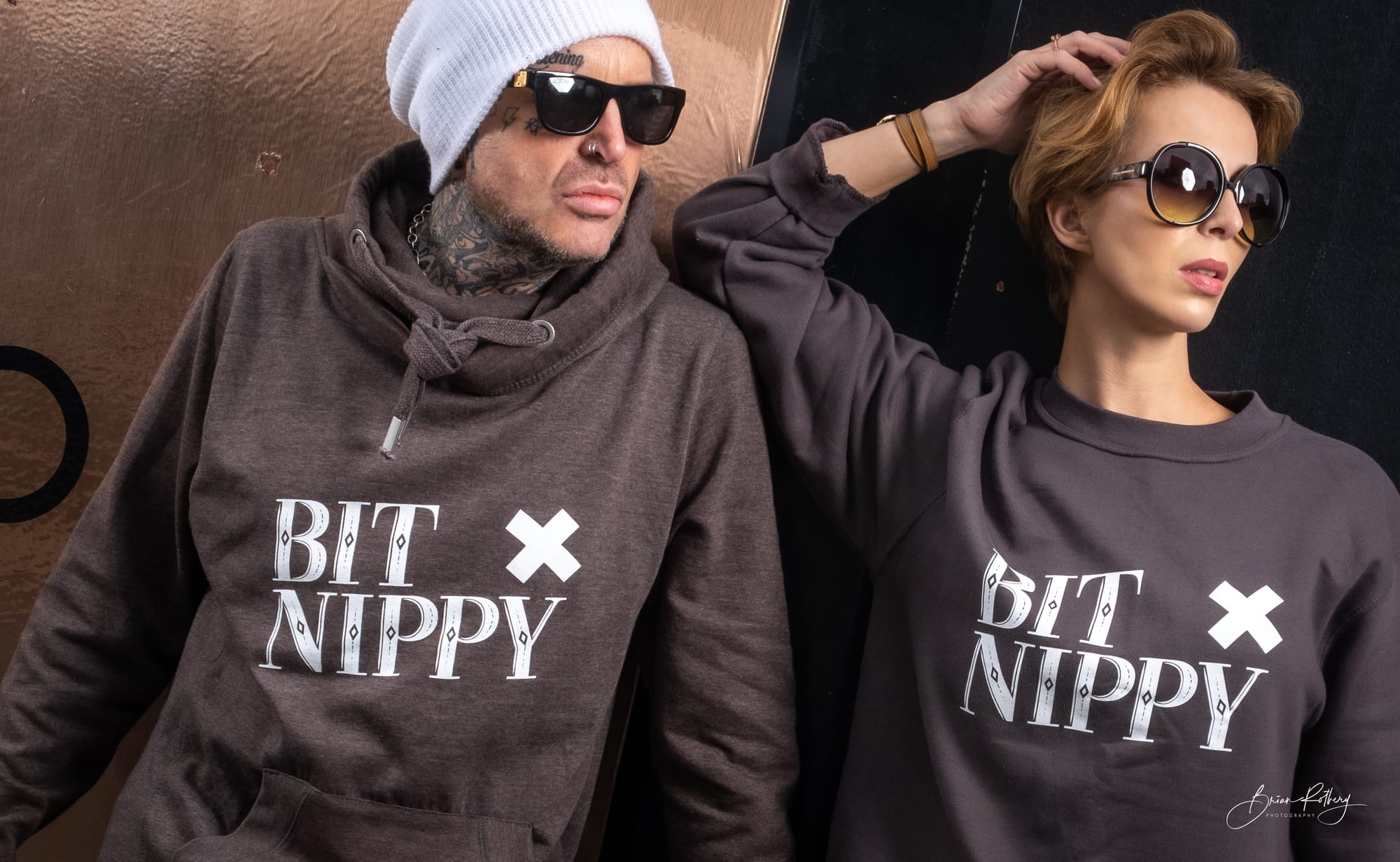 Inky Dude and Angela modelling Muthaship clothing