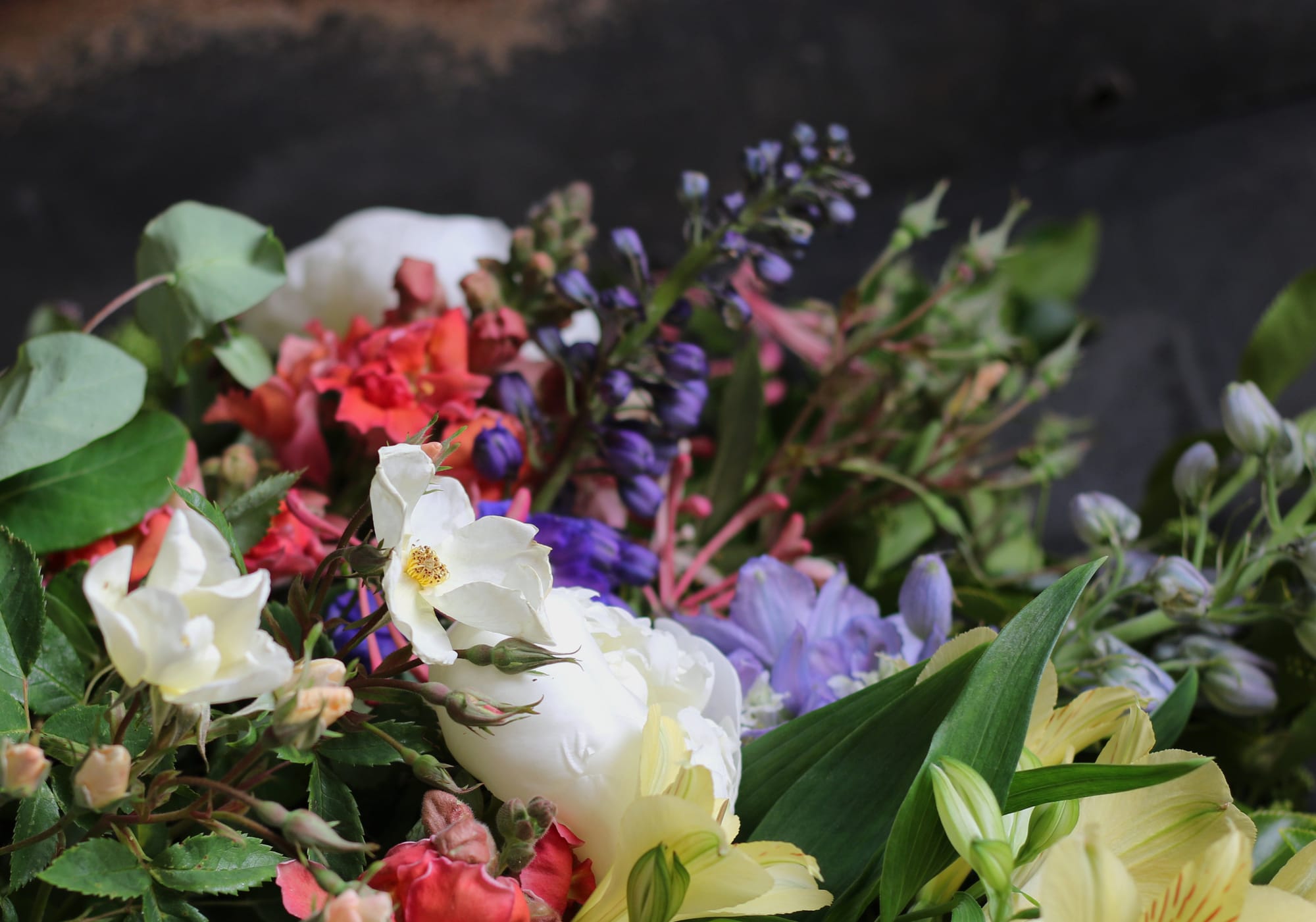 Blue delphinium, roses and honeysuckle