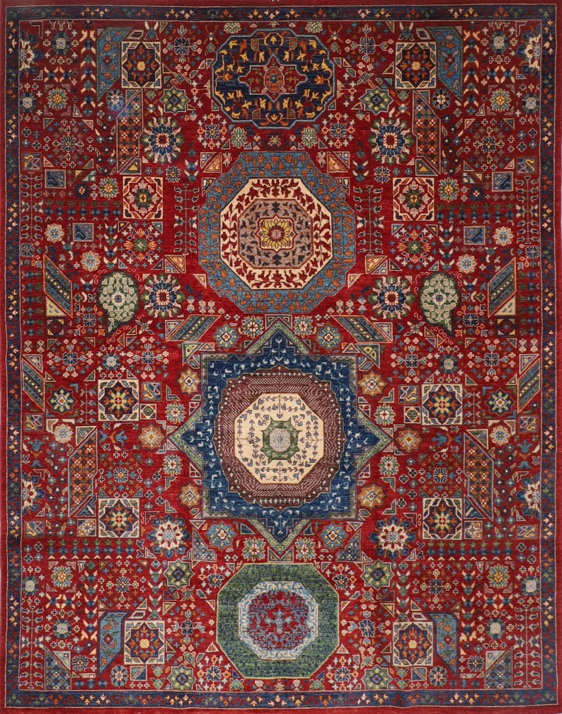 Mamluk 8x10 Red Area Rug | Afghan Hand Knotted Rug | Bedroom...