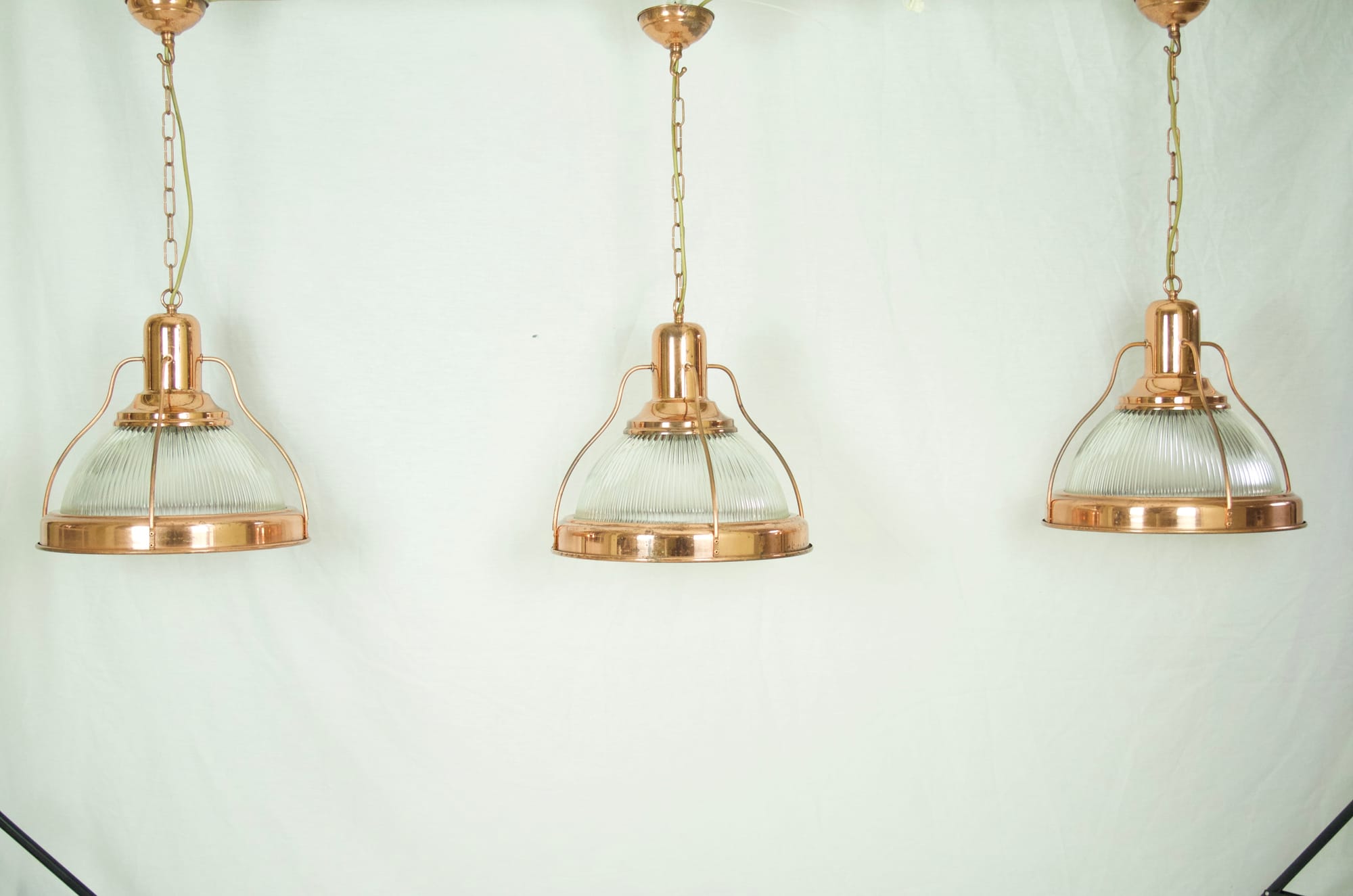 Three Bousta Holophane Cooper framed Pendant Lights.