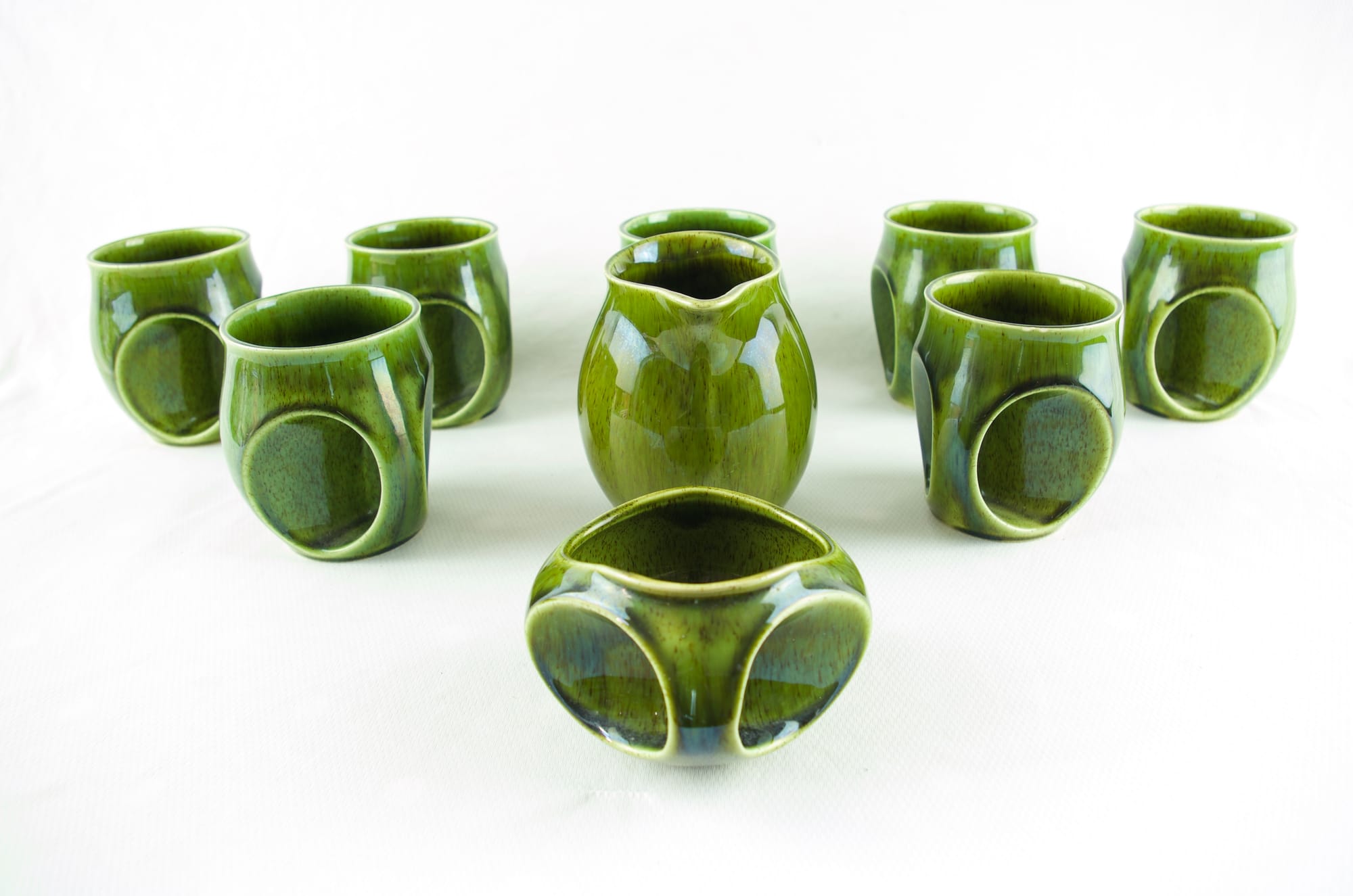 HOLKHAM POTTERY GREEN OWL EYE COFFEE/TEA SET - 1960/70'S