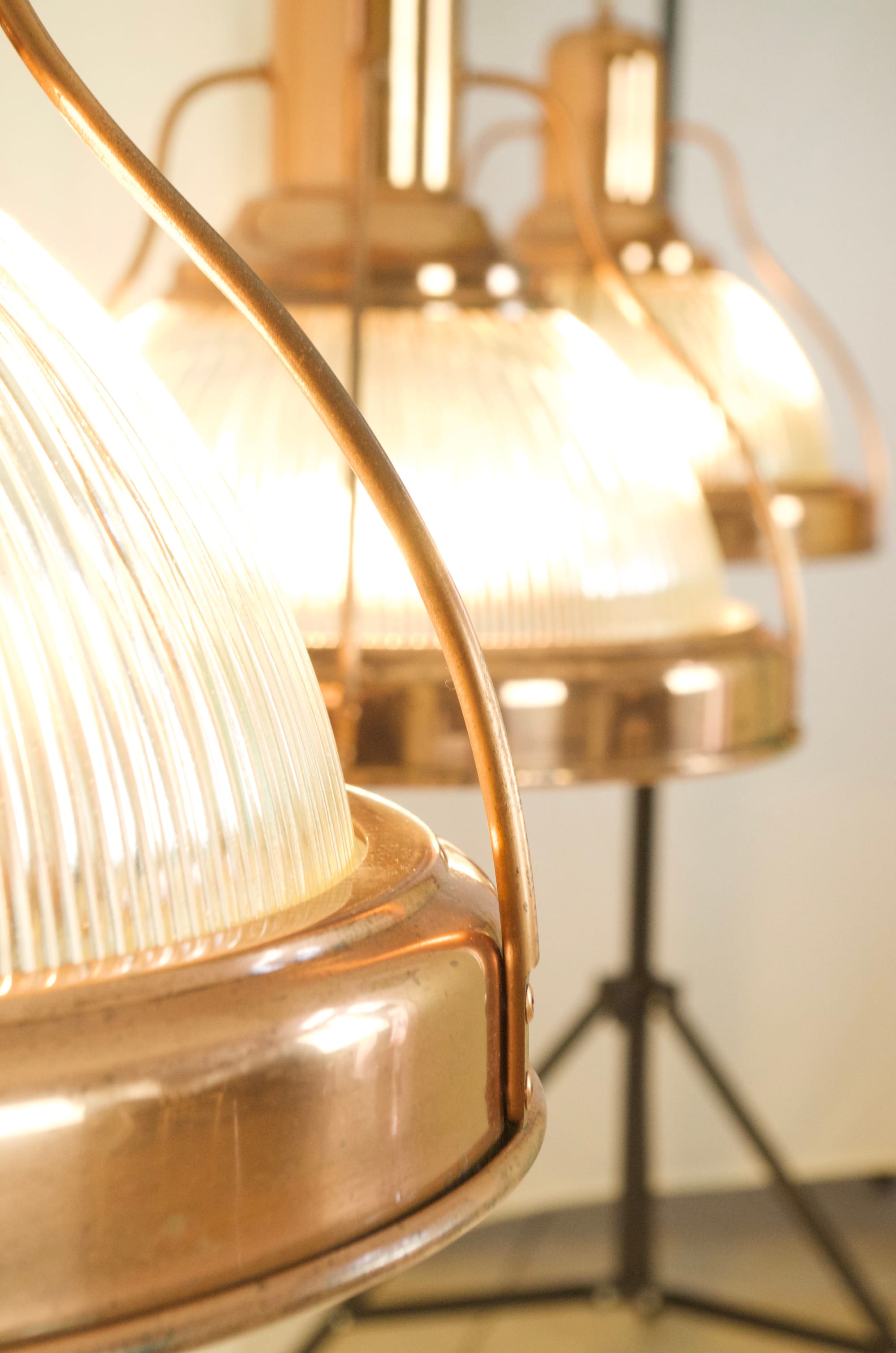 Three Bousta Holophane Cooper framed Pendant Lights.