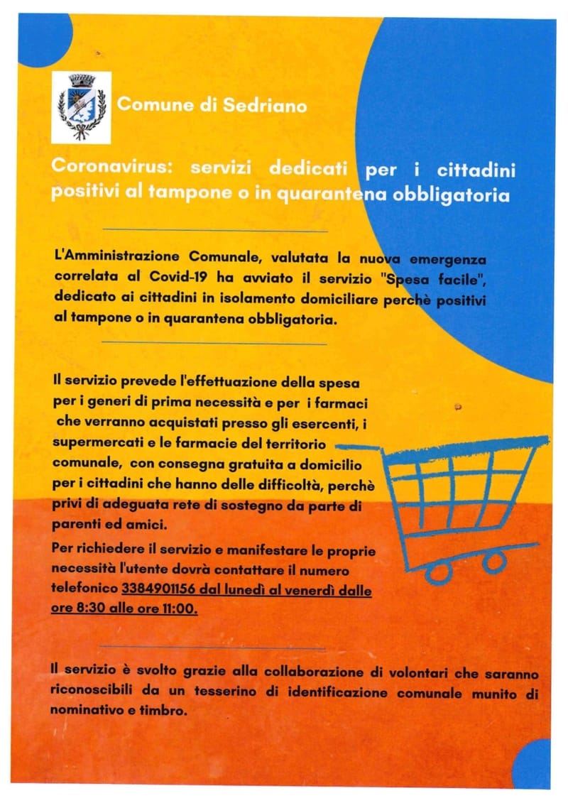 Aggiornamento servizi dedicati ai cittadini positivi al Covid o in quarantena: istituzione servizio gratuito acquisto e consegna farmaci a domicilio
