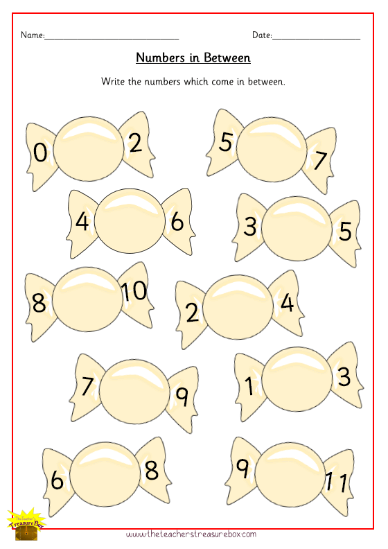 Numbers 0-10 in Between on Sweets Worksheet