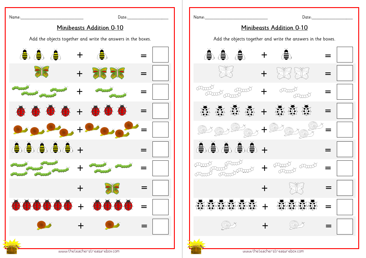 ورقة عمل إضافة Minibeasts 0-10