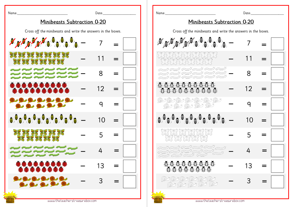 ورقة عمل طرح Minibeasts 0-20