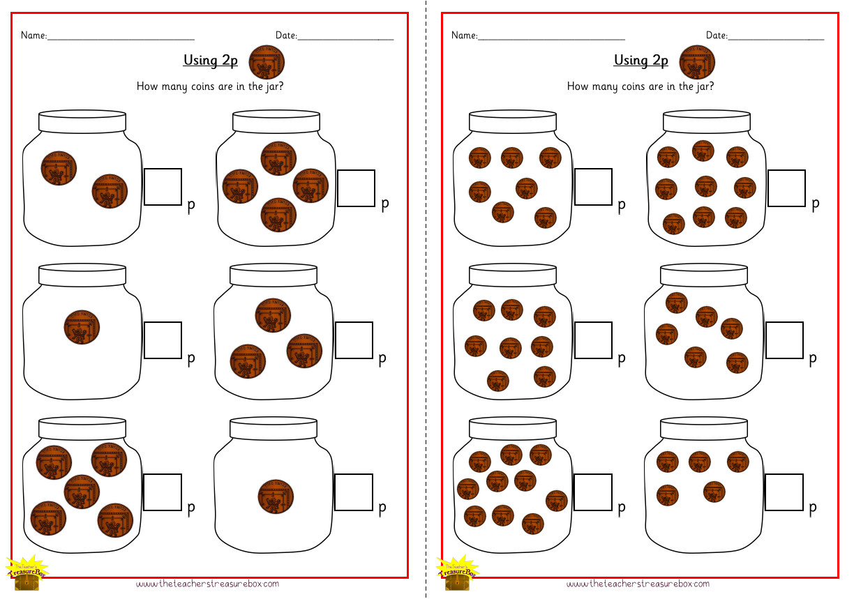 عد القطع النقدية في ورقة عمل الجرة باستخدام 2p - نسخة ملونة