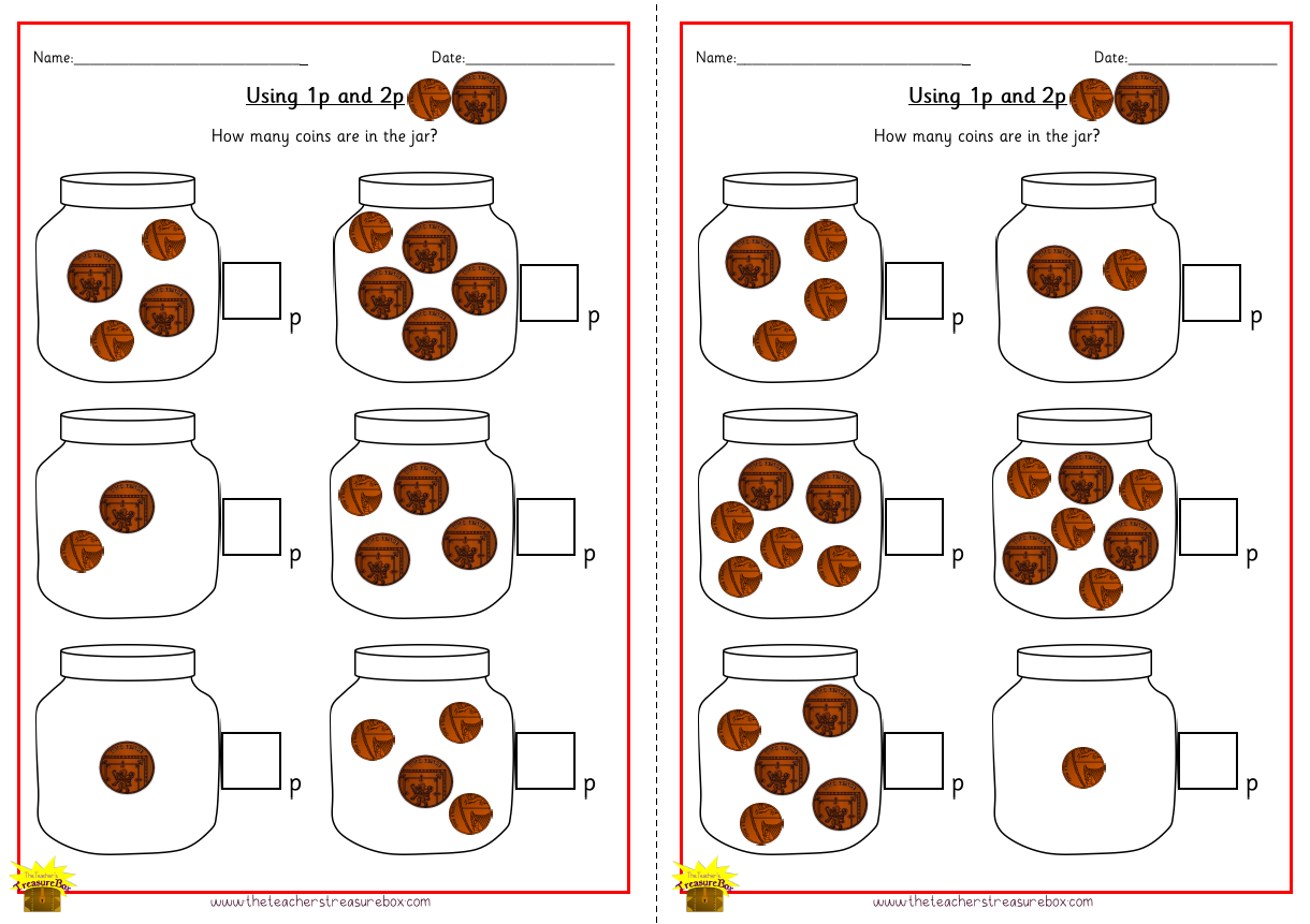 عد القطع النقدية في ورقة عمل الجرة باستخدام 1p و 2p - نسخة ملونة