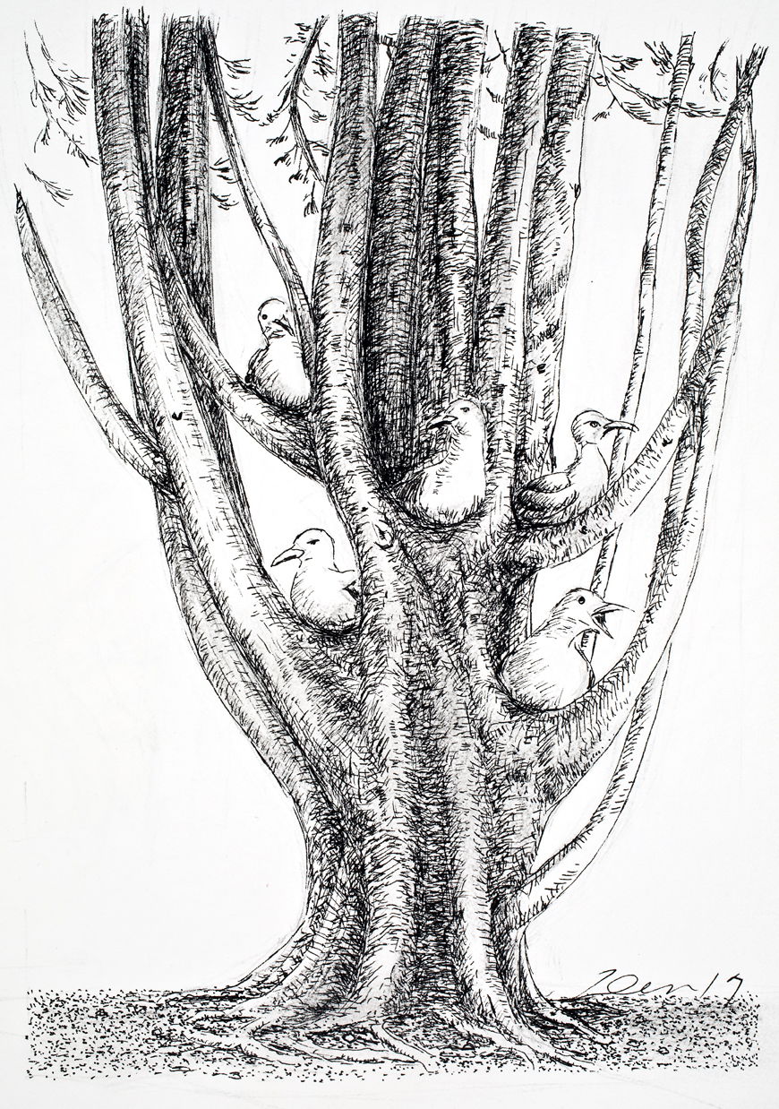 Ted Wen文桂川: Five Birds on Tree: