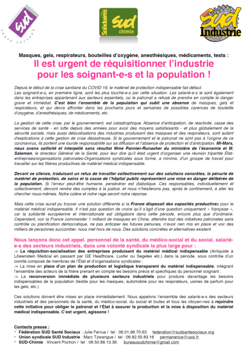 Appel commun SUD Santé Sociaux / SUD Chimie / SUD Industrie : Il est urgent de réquisitionner l’industrie pour les soignant-e-s et la population !