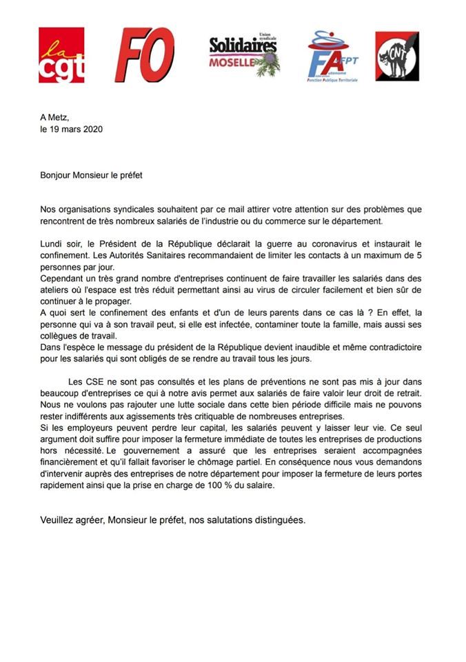 Coronavirus : courrier de l'intersyndicale interprofessionnelle mosellane au Préfet du département.