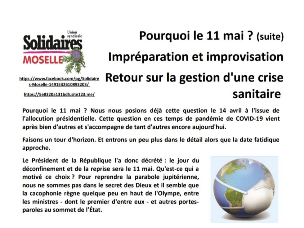 Pourquoi le 11 mai ? (suite) Impréparation et improvisation RETOUR SUR LA GESTION D'UNE CRISE SANITAIRE