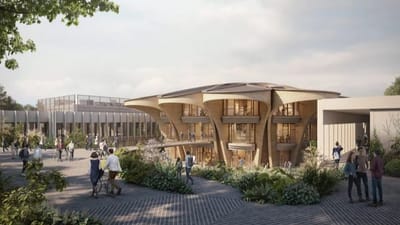 Heatherwick Studio propõe peça central de madeira para campus farmacêutico em Surrey