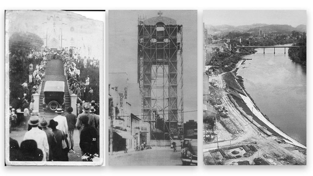 Carro sobe escadarias da igreja na década de 1920, torre da matriz e Beira-Rio em construção na década de 1960. Foto: reprodução, Facebook