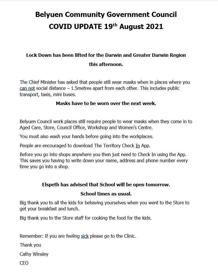 Belyuen Council COVID-19 Update