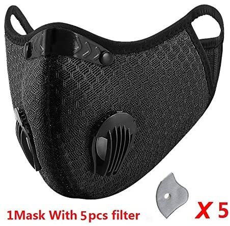 Sport Face Maske Cycling Maske Activated Reusable Carbon Filter Safety Mask Windproof Dust-Proof Outdoor Sports Bibs Running Bike Cycling Dust Filter Mask (Black 5pc Filter)