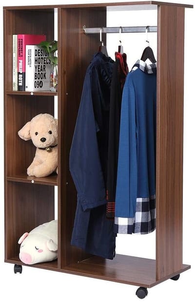 GOTOTOP Mobile Wood Wardrobe Closet Storage Organizer Bedroom Furniture Dispaly Shelf with Wheels, 80X40X128CM