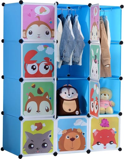 BRIAN & DANY Cartoon Clothes Closet Wardrobe Storage Organizer, 8 Cubes & 2 Hanging Sections, Blue