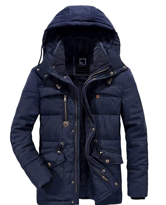 R RUNVEL Parka Jacket Mens Coats with Fleece Hood Winter Warm Outwear Coat
