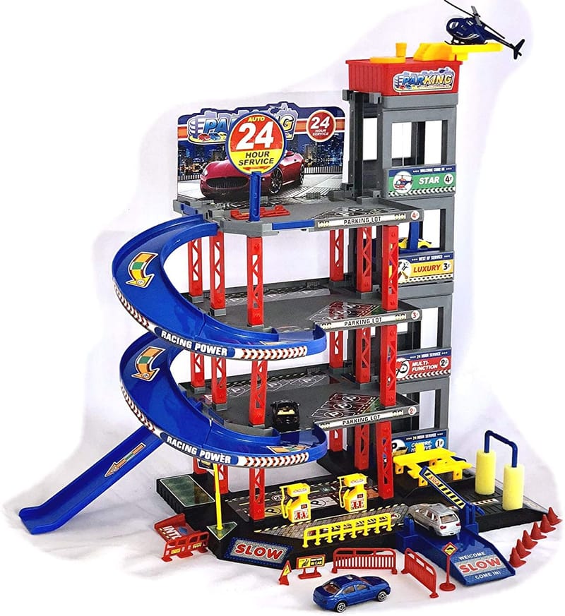 Children’s Parking Garage Toy Incl. 4 Toy Cars and Helicopter Toy Set, with Petrol Station, Lift, Car Wash and Workshop
