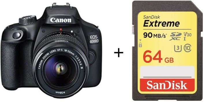 Canon EOS 4000D 18MP DSLR Camera and EF-S 18-55 mm f/3.5-5.6 III Lens with 64G Memory Card- Black