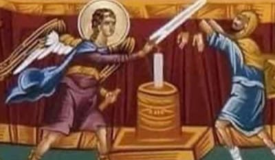 من هو هذا الشخص الذي يقطع ملاك الرب يديه في أيقونة رقاد العذراء مريم؟