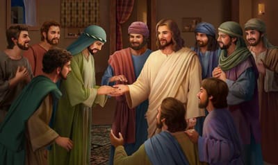 "فَجَاءَ يَسُوعُ ووَقَفَ في الوَسَطِ وقَالَ لَهُم: «أَلسَّلامُ لَكُم!»"