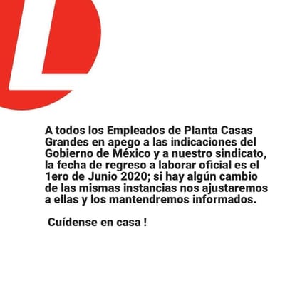 CONFIRMAN MAQUILADORA LEAR REGRESO A LABORES HASTA EL PRIMERO DE JUNIO.
