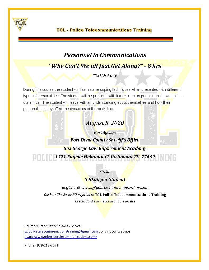 *CANCELLED* Pre Sch 08-05-20  Personnel in Communications "Why Can't We All Just Get Along?" 8 hrs TCOLE 6046  (RICHMOND)