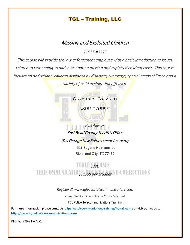 Cancelled Prev Scheduled for 11-19-20 11 Missing and Exploited Children - TCOLE 3275