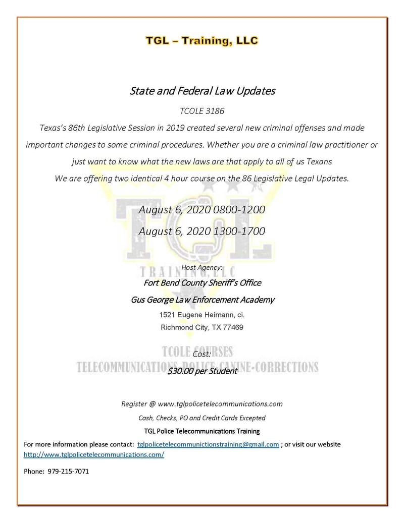 *Cancelled* Pre Sch 8-6-20 State and Federal Law Updates 86 Legislature - TCOLE #3186 (GGLEA)PM