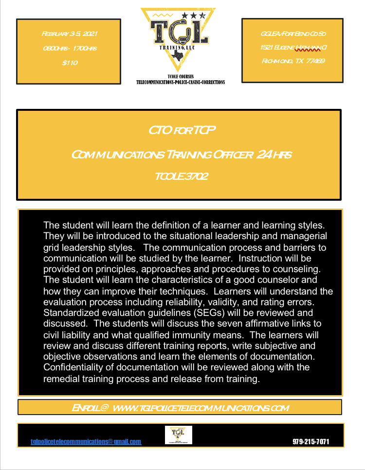 02 CTO for TCP - Communications Training Officer - TCOLE 3702 (GGLEA)