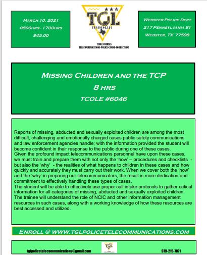CANCELLED Previously Scheduled March 10, 2021 03 Missing Children and the TCP #6046 (Webster)