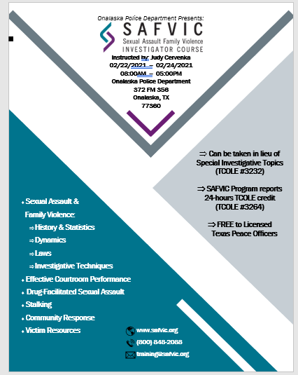 02 SAFVIC  (Sexual Assault and Family Violence Investigators Course) (Onalaska)