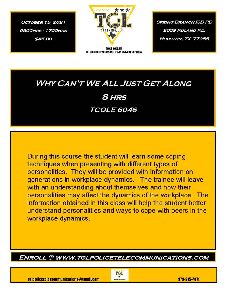 Cancelled (Previously 10-15-21) 10 Why Can't We All Just Get Along? TCOLE 3275 (SBISD)