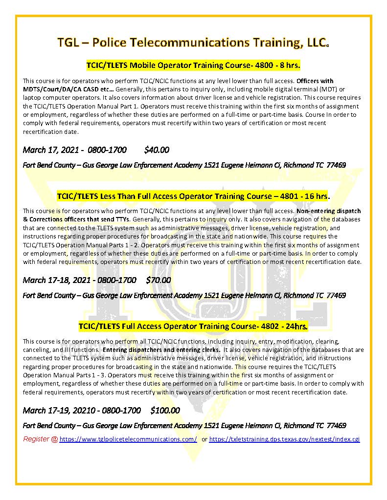 03 TCIC/TLETS Less Than Full Access Operator Training Course - TCOLE 4801 (Richmond)