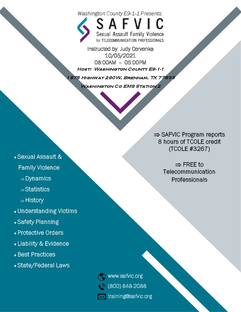 Cancelled (Preciously 10-5-21)10 SAFVIC for TCP's - Sexual Assault and Family Violence (Brenham)