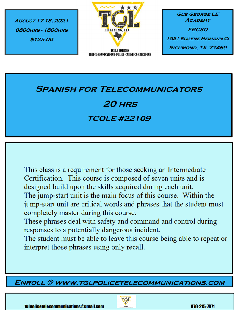 08 Spanish for Telecommunicators - TCOLE 22109 - 20 Hours (Richmond)