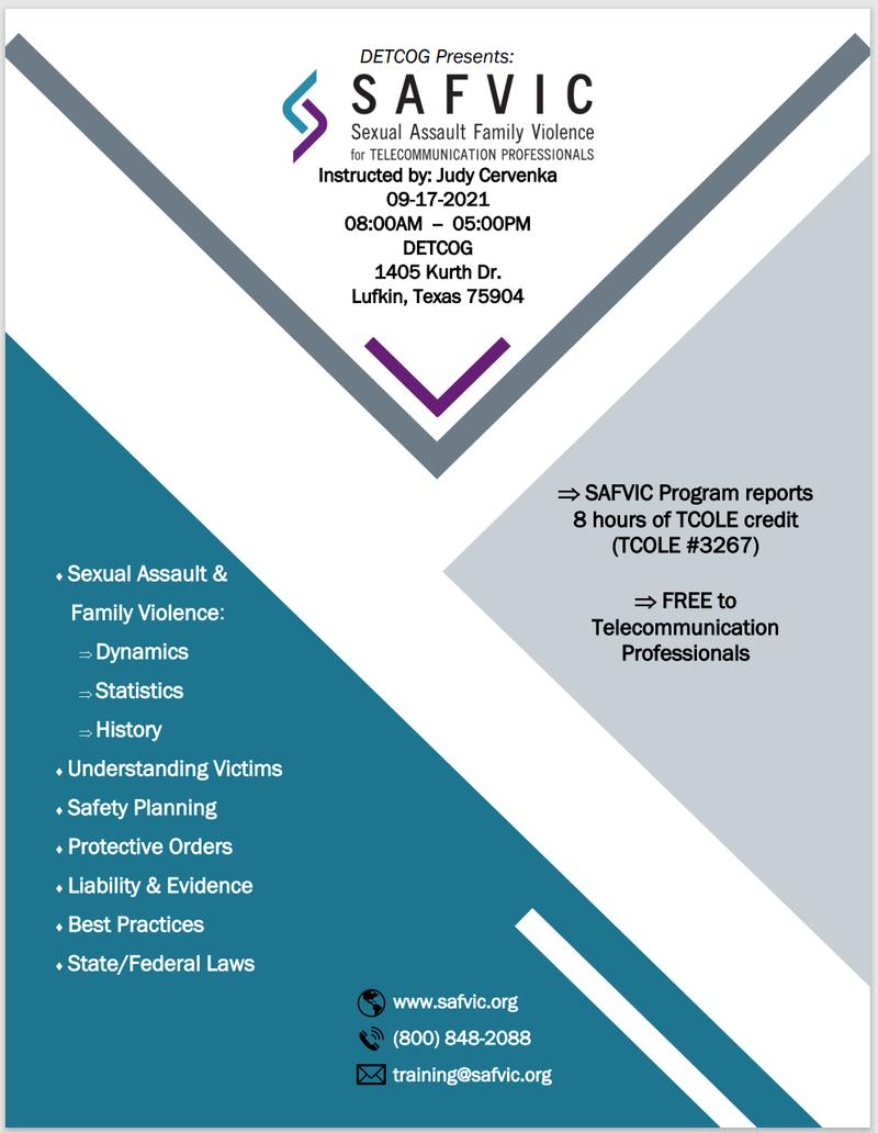 Cancelled  - (previously 091721) 09 SAFVIC for TCP's - Sexual Assault and Family Violence (Lufkin)