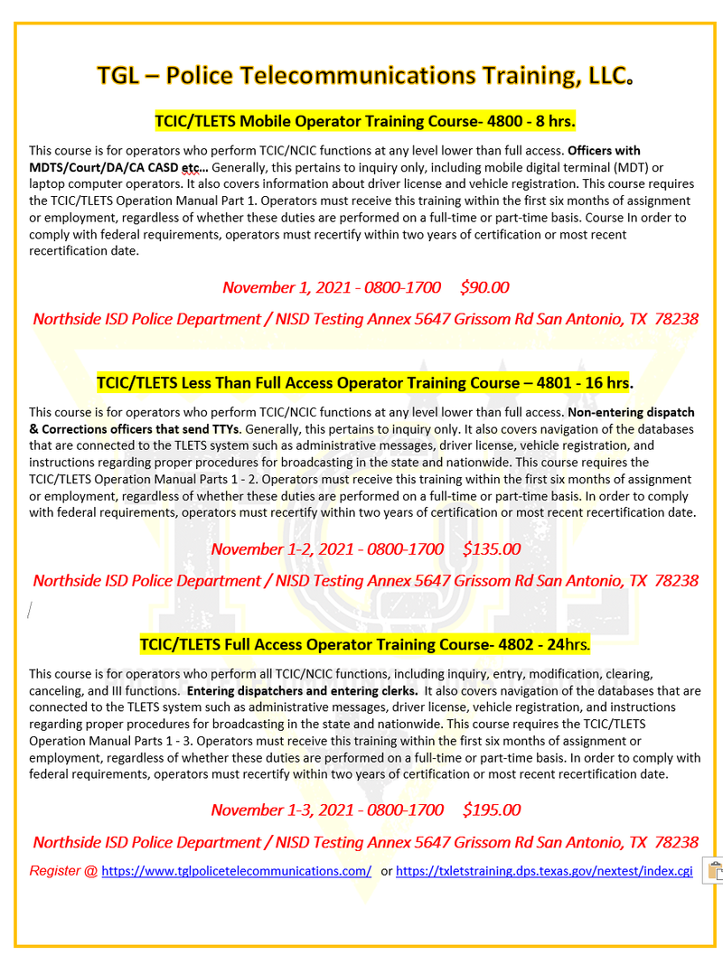 11 TCIC/TLETS Full Access Operator Training Course- TCOLE 4802 (San Antonio)