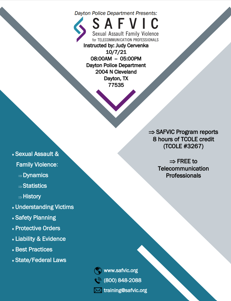 Cancelled (Preciously 10-7-21) 10 SAFVIC for TCP's - Sexual Assault and Family Violence (Dayton)