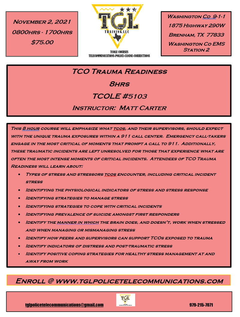 CANCELED 11 Trauma Readiness for TCO's -  TCOLE 5103 (Brenham) - Copy