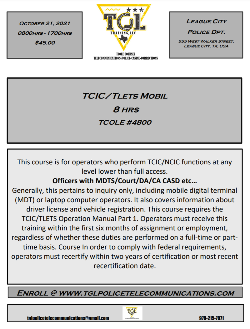 10 TCIC/TLETS Mobile Operator Training Course -  TCOLE 4800 (League City)