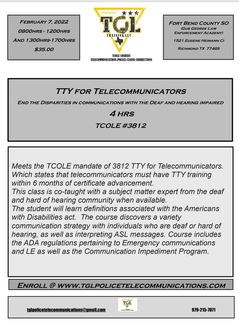 Cancelled - 02 TTY for Telecommunicators - End the Disparities in communications with the Deaf and hearing impaired  - TCOLE 3812 (Richmond)