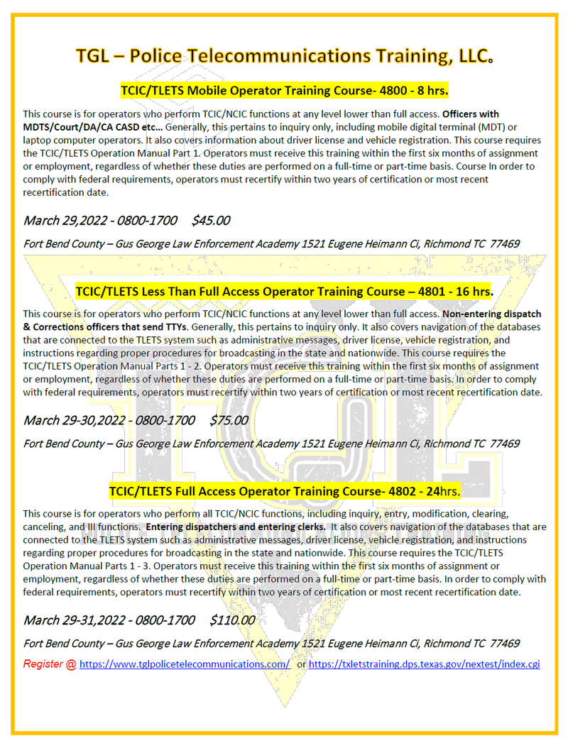 03 TCIC/TLETS Less Than Full Access Operator Training Course - TCOLE 4801 (Richmond)