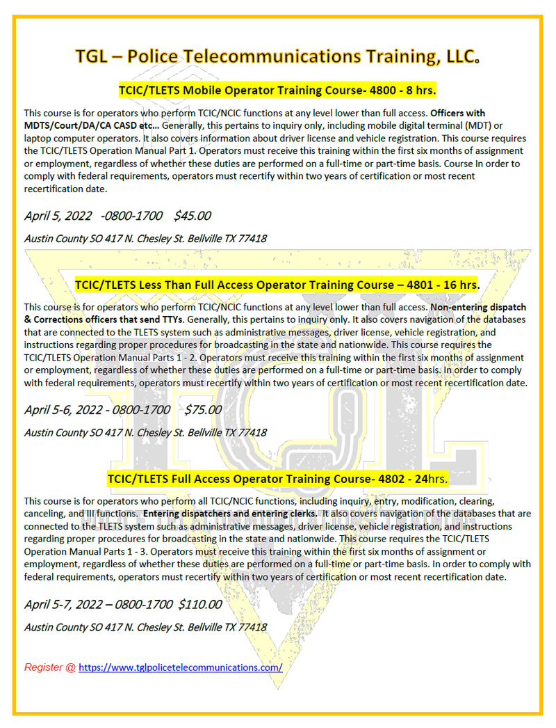 03 TCIC/TLETS Mobile Operator Training Course -  TCOLE 4800 (Richmond)
