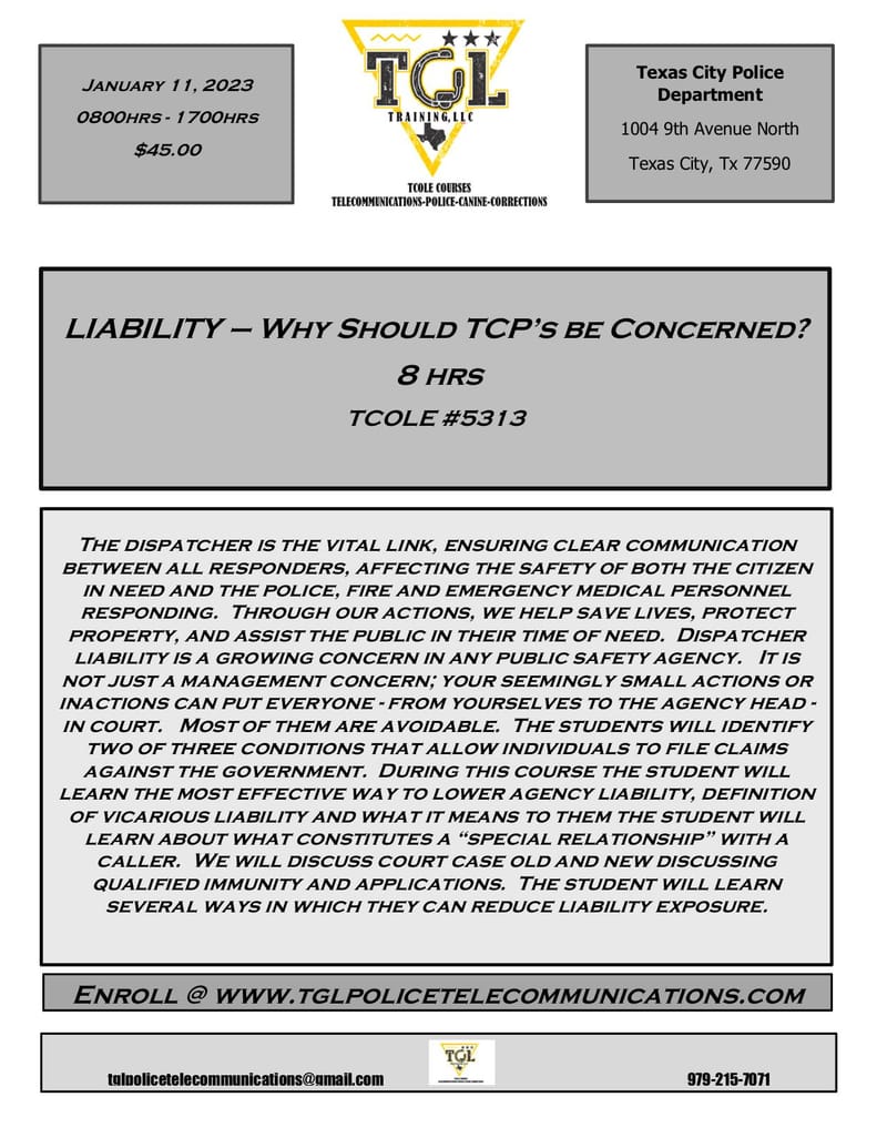 CANCELLED 01 Liability "Why Should TCP's be Concerned?" TCOLE 5313 (Texas City)